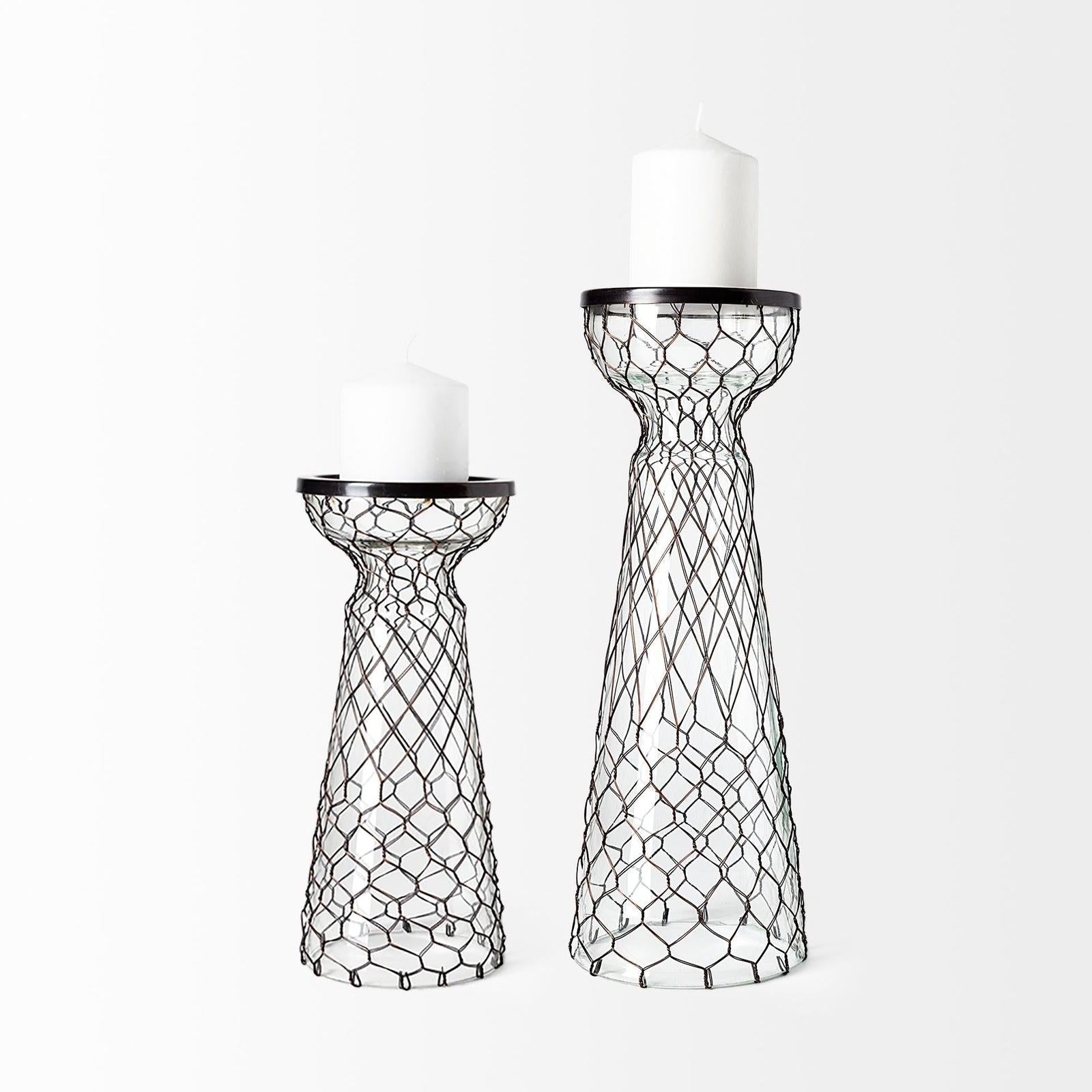 Mercana Shandra Small Glass w/Metal Wire Snakeskin Pattern Table Candle Holder Clearance