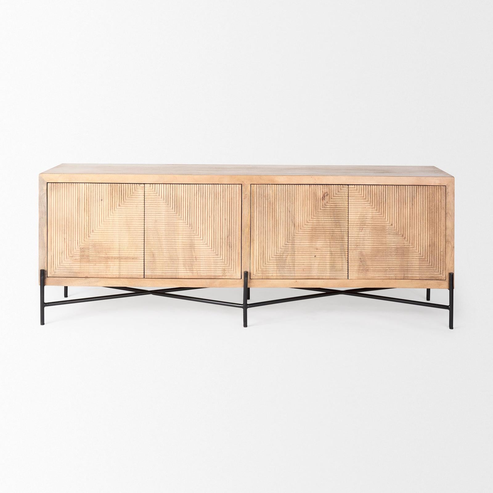 Mercana Cairo Brown Solid Wood Black Metal Base 4 Door Cabinet Sideboard