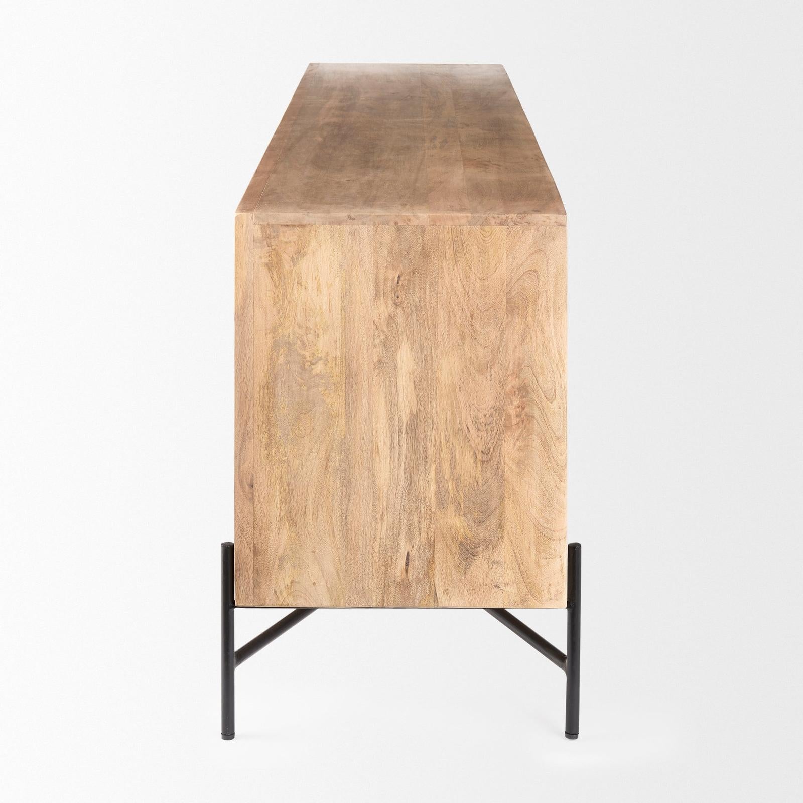 Mercana Cairo Brown Solid Wood Black Metal Base 4 Door Cabinet Sideboard