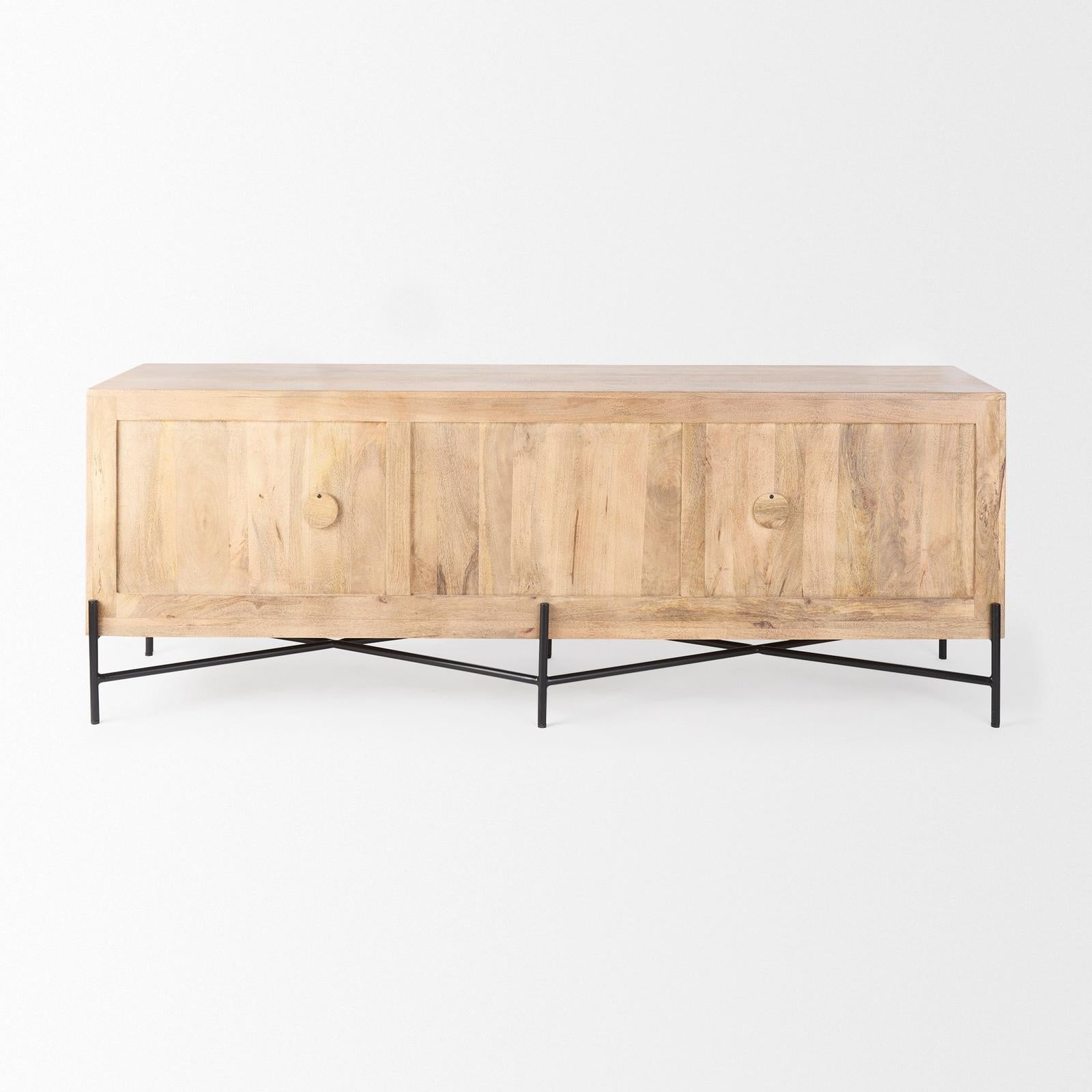 Mercana Cairo Brown Solid Wood Black Metal Base 4 Door Cabinet Sideboard