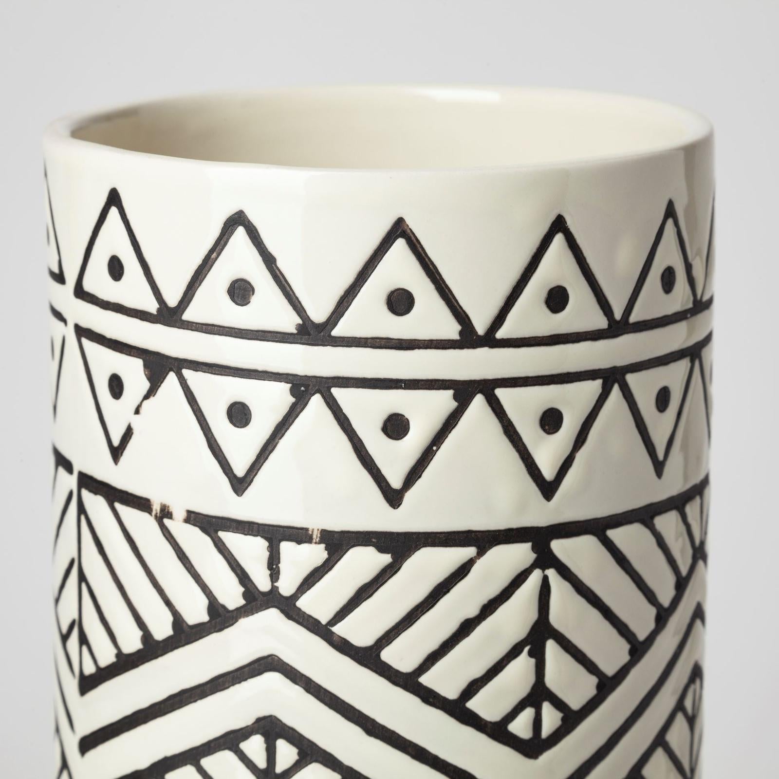 Mercana Uhura Cream Black Patterned Cylindrical Vase Clearance