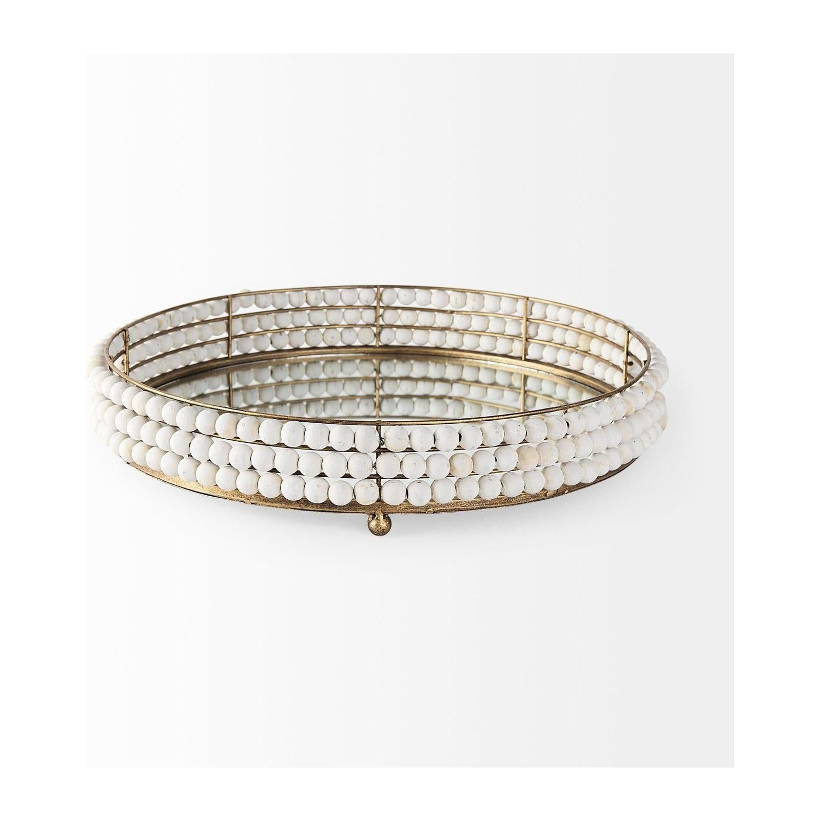 Mercana Decatur Wooden Bead Mirrored Bottom Round Tray Clearance