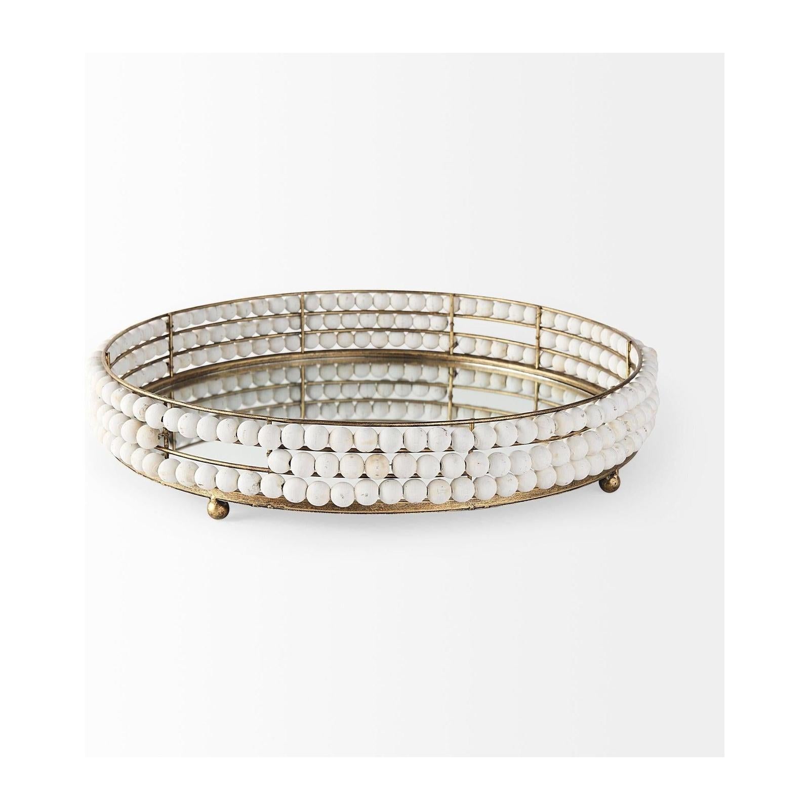 Mercana Decatur Wooden Bead Mirrored Bottom Round Tray Clearance
