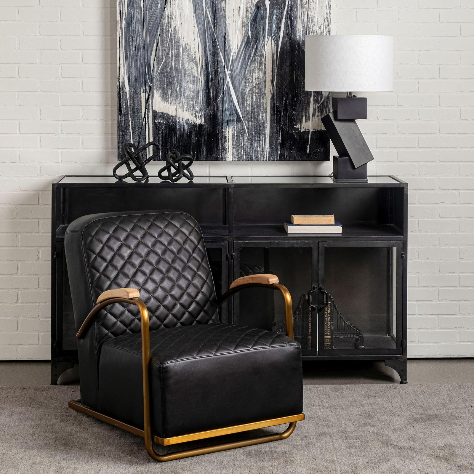 Mercana Horace Black Leather Diamond Pattern w/Gold Iron Frame Accent Chair Clearance