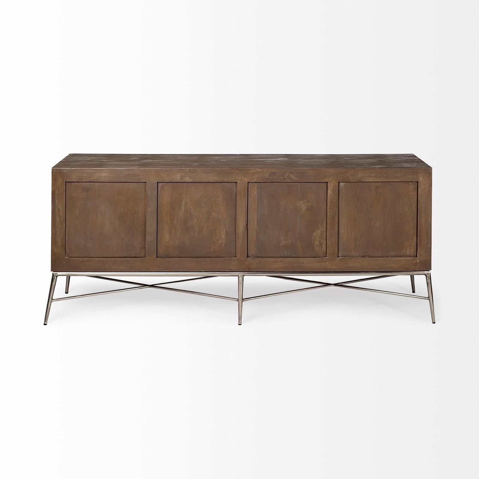 Mercana Swordfish Two-Tone Brown Wood Cabinet Silver Metal Base 4 Cabinet Door Sideboard Clearance