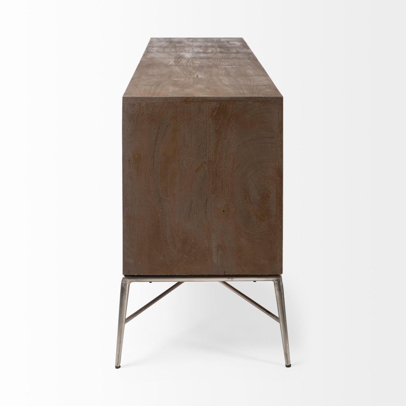 Mercana Swordfish Two-Tone Brown Wood Cabinet Silver Metal Base 4 Cabinet Door Sideboard Clearance