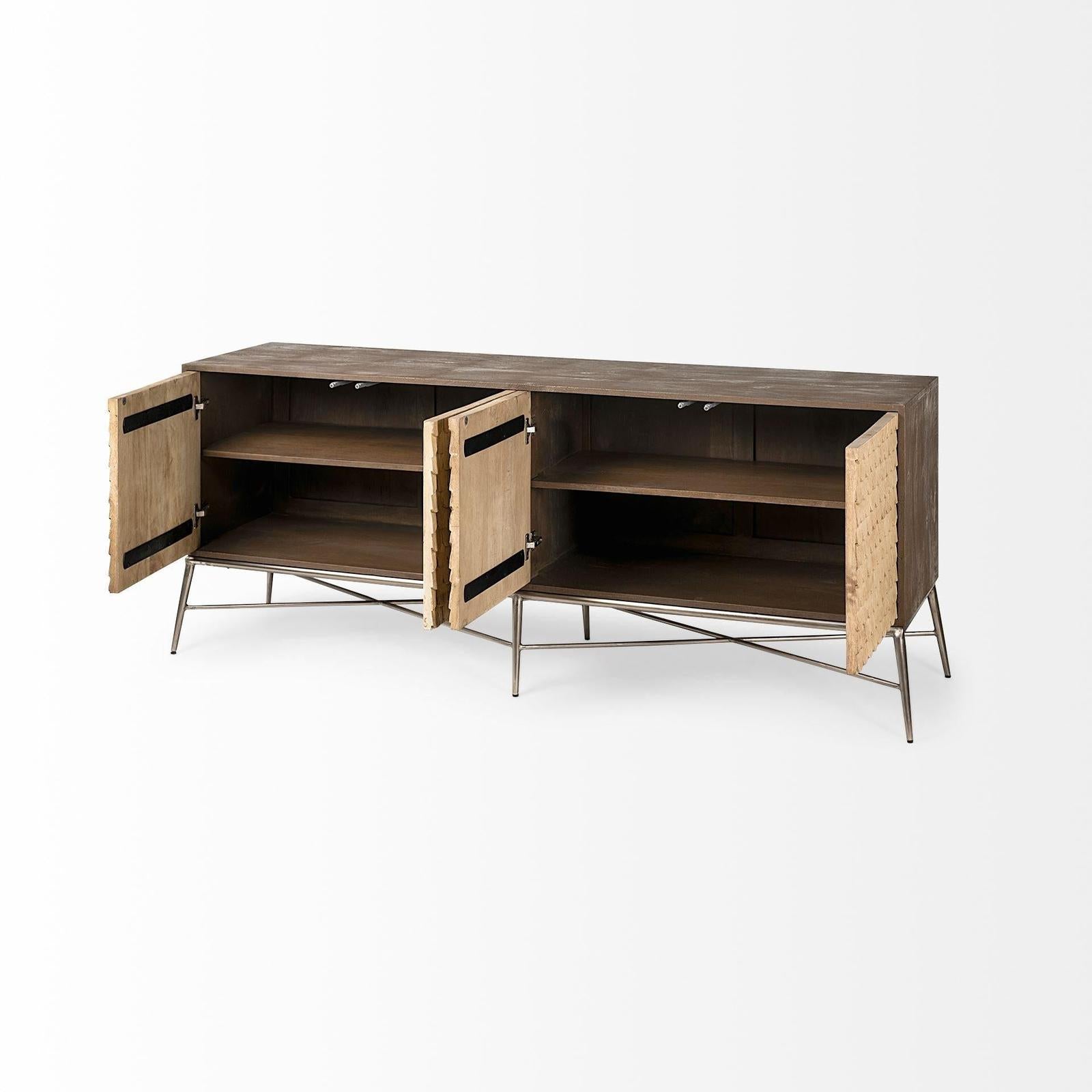 Mercana Swordfish Two-Tone Brown Wood Cabinet Silver Metal Base 4 Cabinet Door Sideboard Clearance