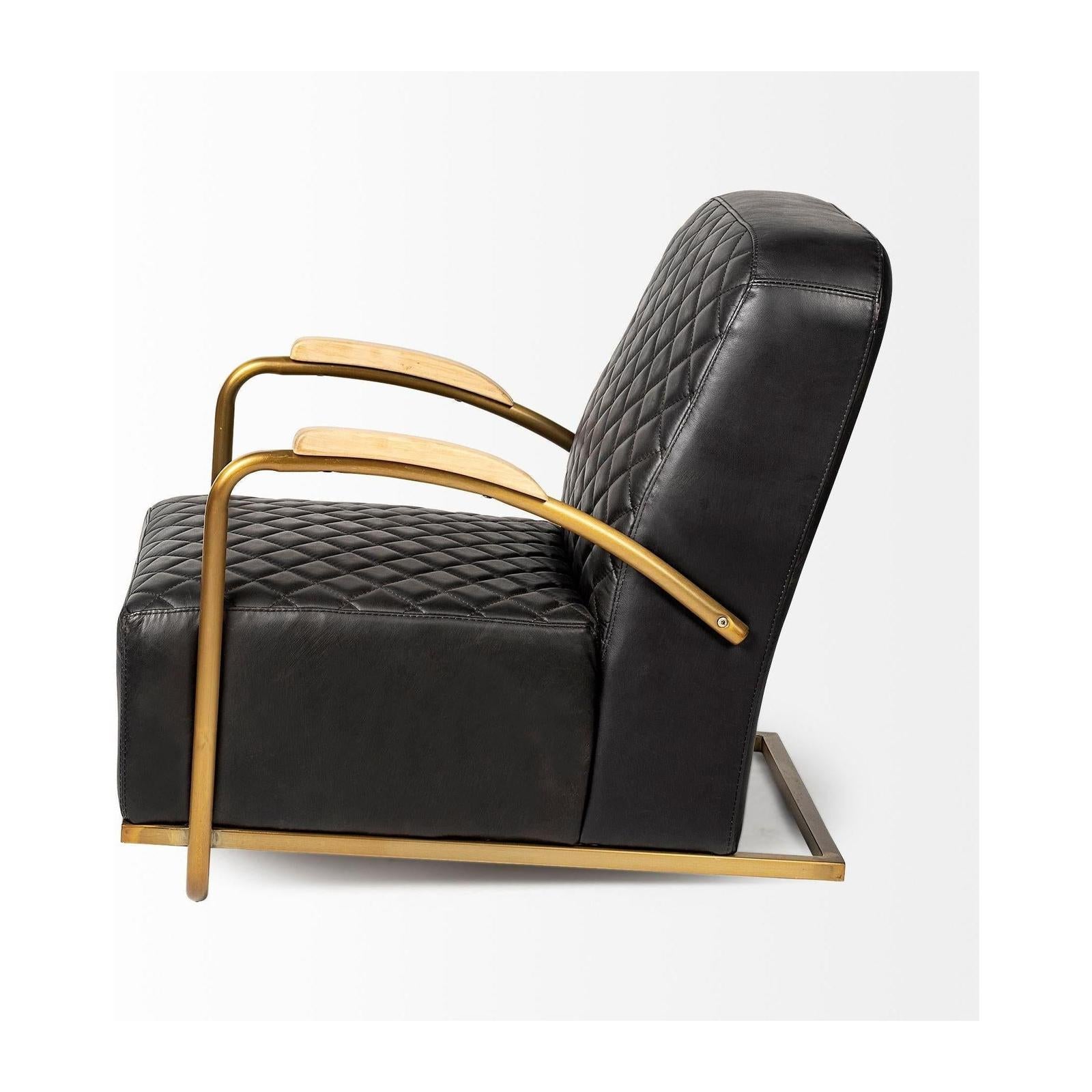Mercana Horace Black Leather Diamond Pattern w/Gold Iron Frame Accent Chair Clearance