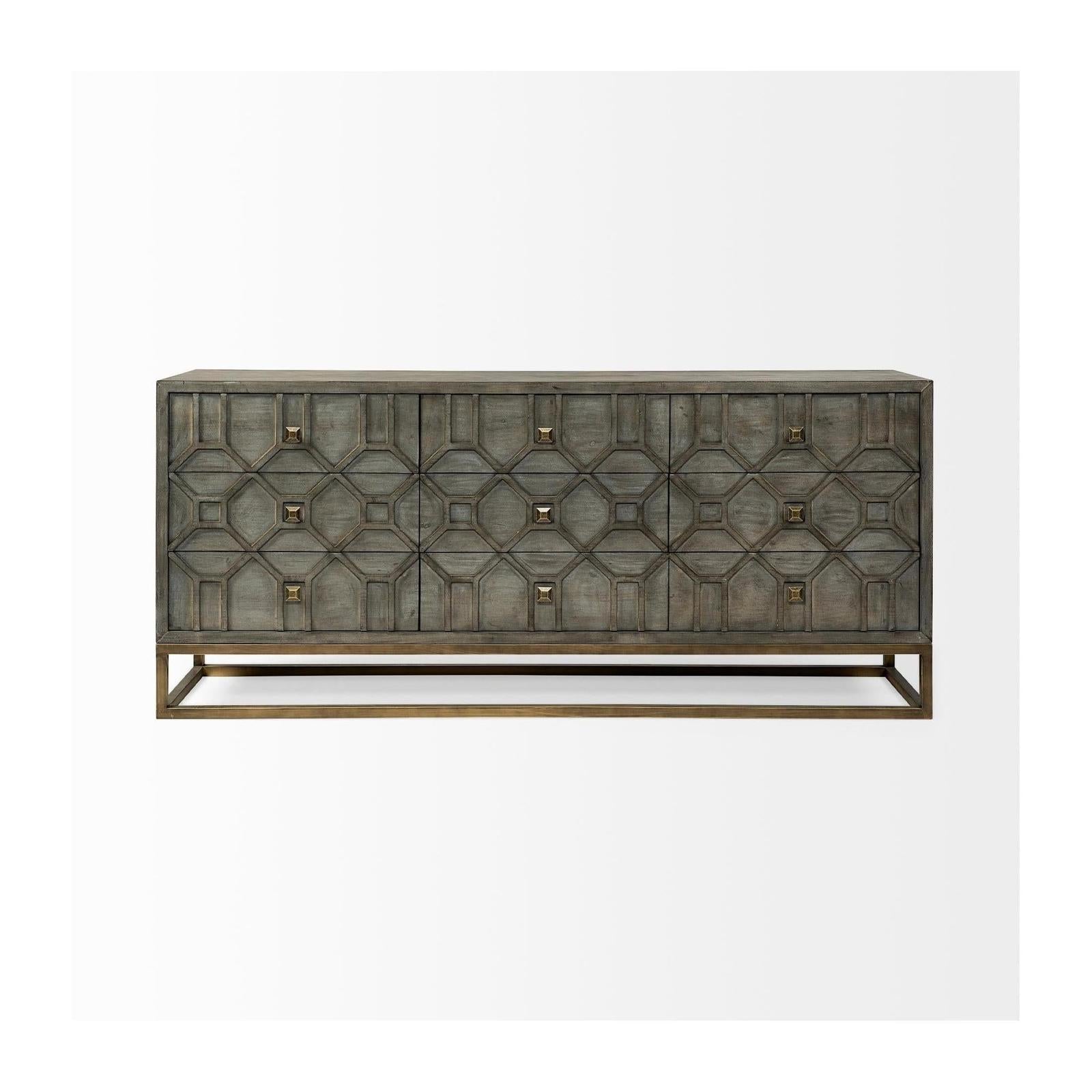 Mercana Genevieve Gray Fir Veneer W/Gold Metal Frame Base 9 Drawer Sideboard Clearance