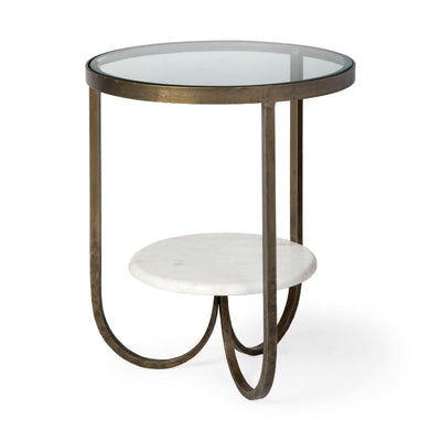 Mercana Reinhardt Round Glass Top Metal and Marble Detail End/Side Table