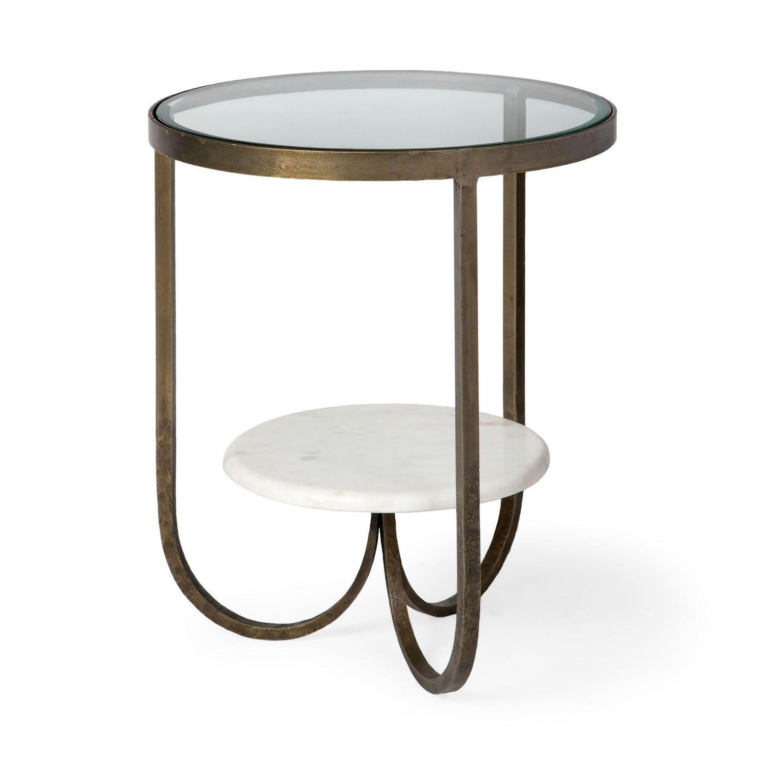 Mercana Reinhardt Round Glass Top Metal and Marble Detail End/Side Table