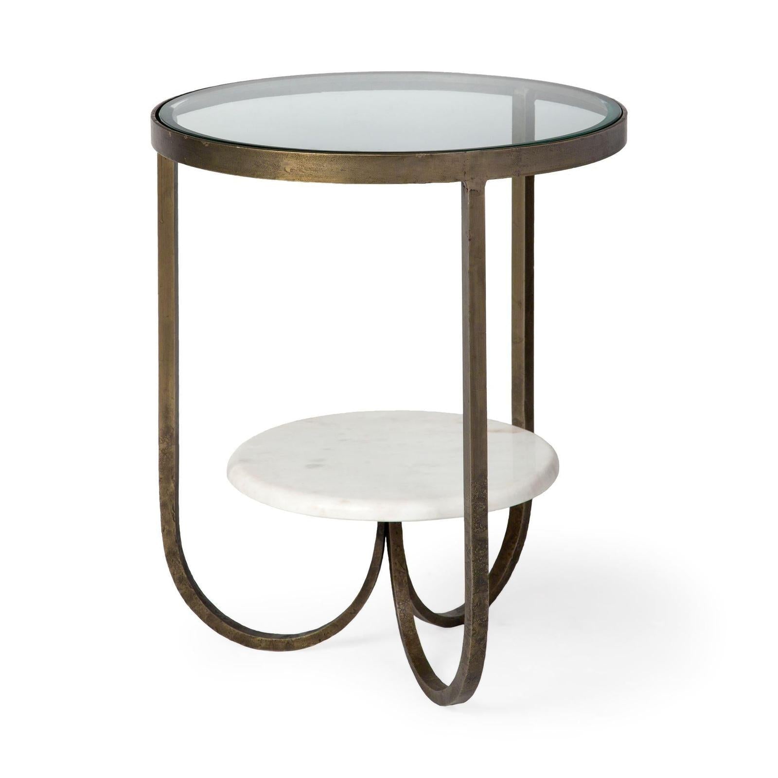 Mercana Reinhardt Round Glass Top Metal and Marble Detail End/Side Table