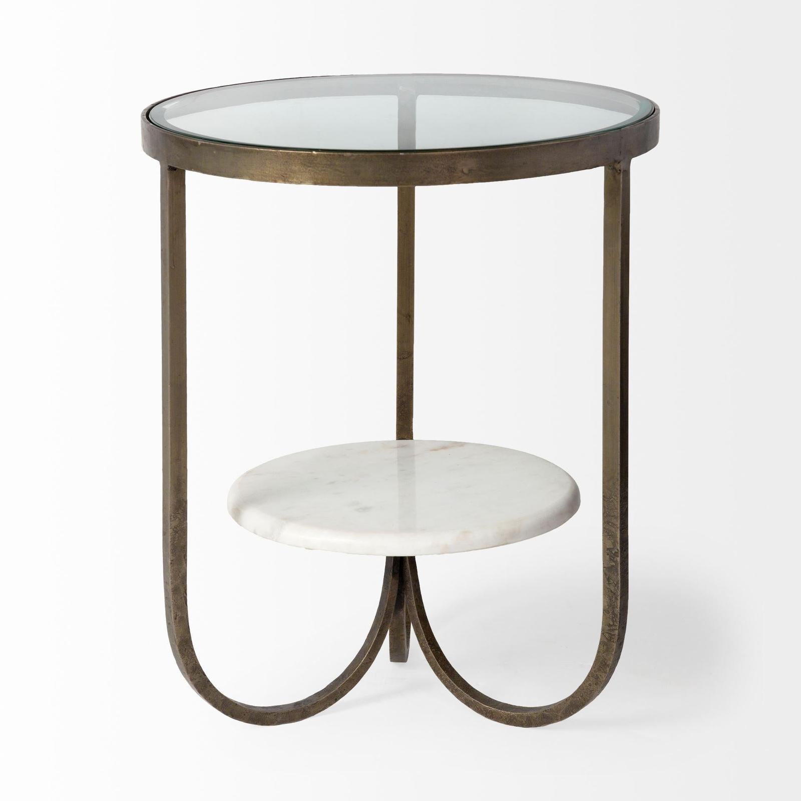 Mercana Reinhardt Round Glass Top Metal and Marble Detail End/Side Table