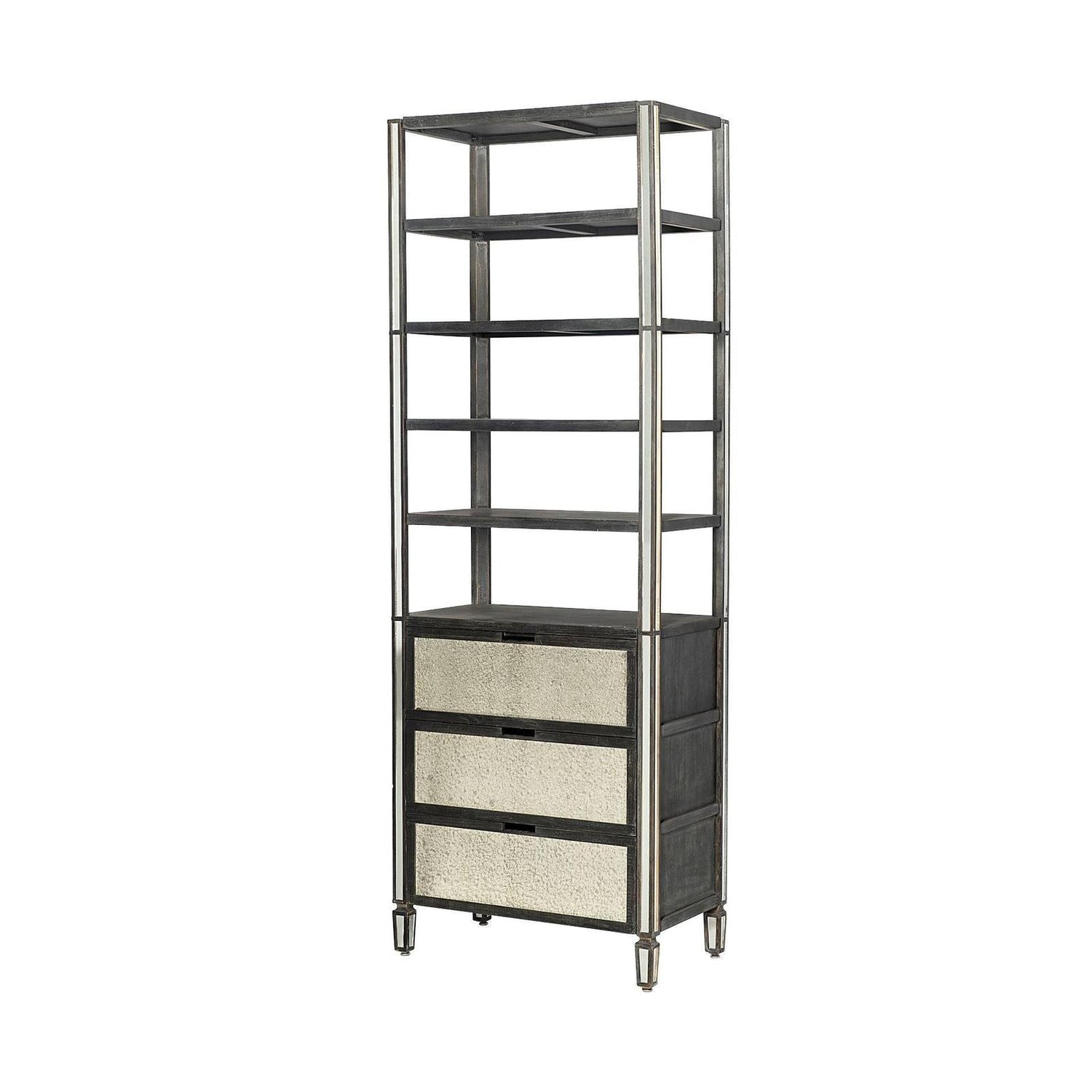 Mercana Sunnyvale Dark Brown Solid Wood and Mirrored Glass Four Shelf Shelving Unit Clearance