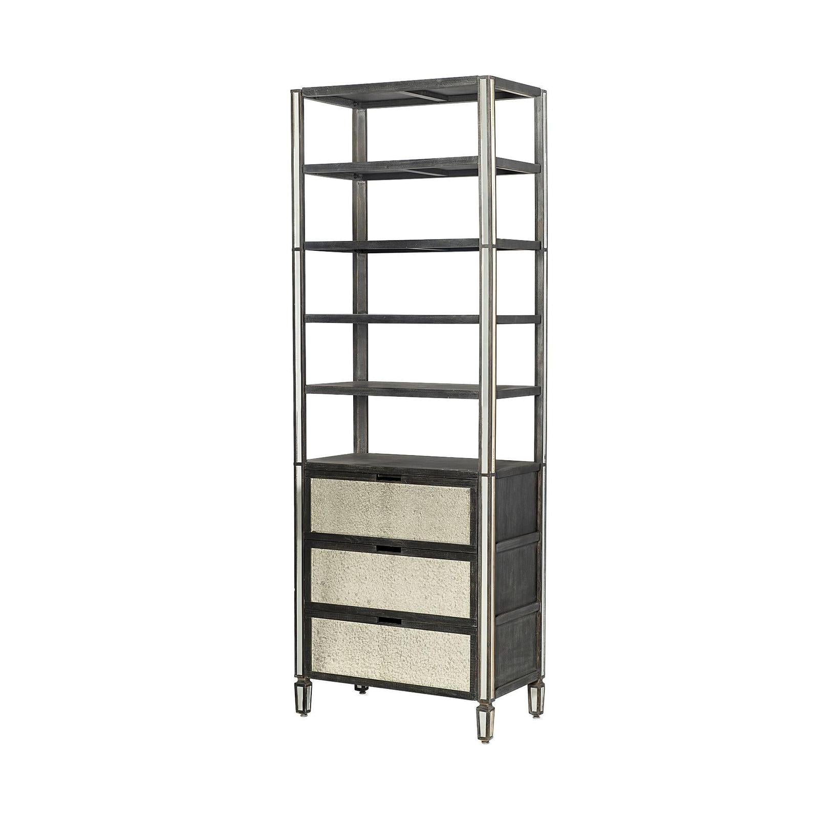 Mercana Sunnyvale Dark Brown Solid Wood and Mirrored Glass Four Shelf Shelving Unit Clearance
