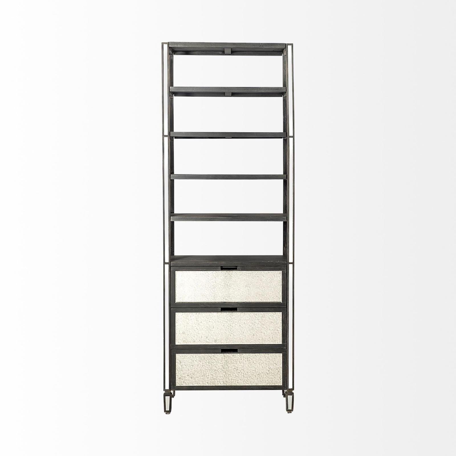 Mercana Sunnyvale Dark Brown Solid Wood and Mirrored Glass Four Shelf Shelving Unit Clearance