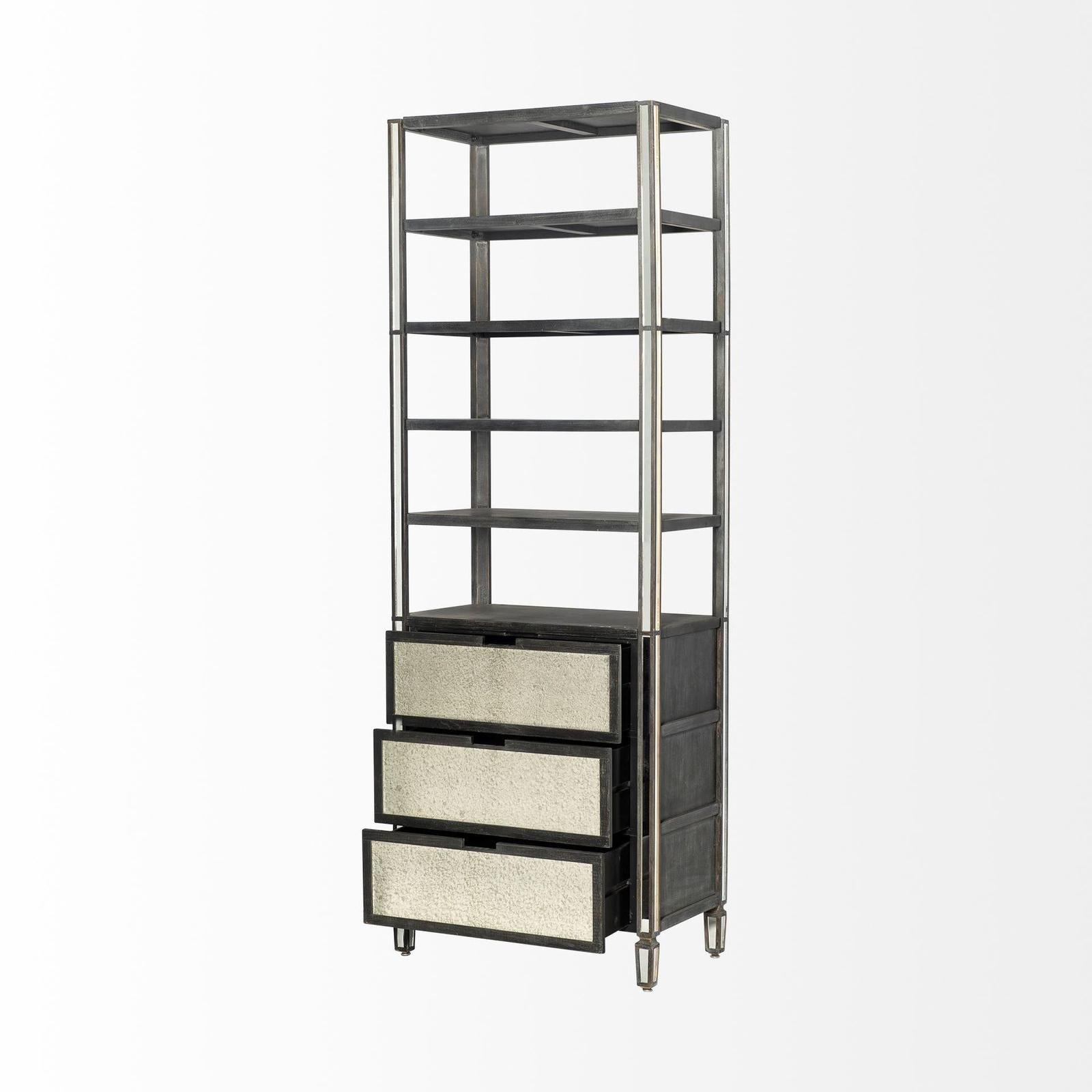 Mercana Sunnyvale Dark Brown Solid Wood and Mirrored Glass Four Shelf Shelving Unit Clearance