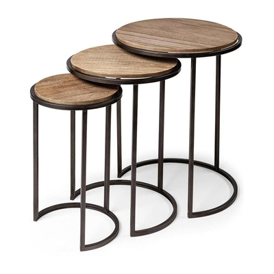 Mercana Glover Brown Wood Round Top W/Metal Nesting Accent Tables-Set of 3