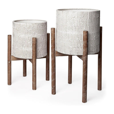 Mercana Groot Eggshell Ceramic Wooden Base Plant Stands - Set of 2