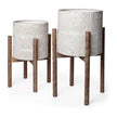 Mercana Groot Eggshell Ceramic Wooden Base Plant Stands - Set of 2
