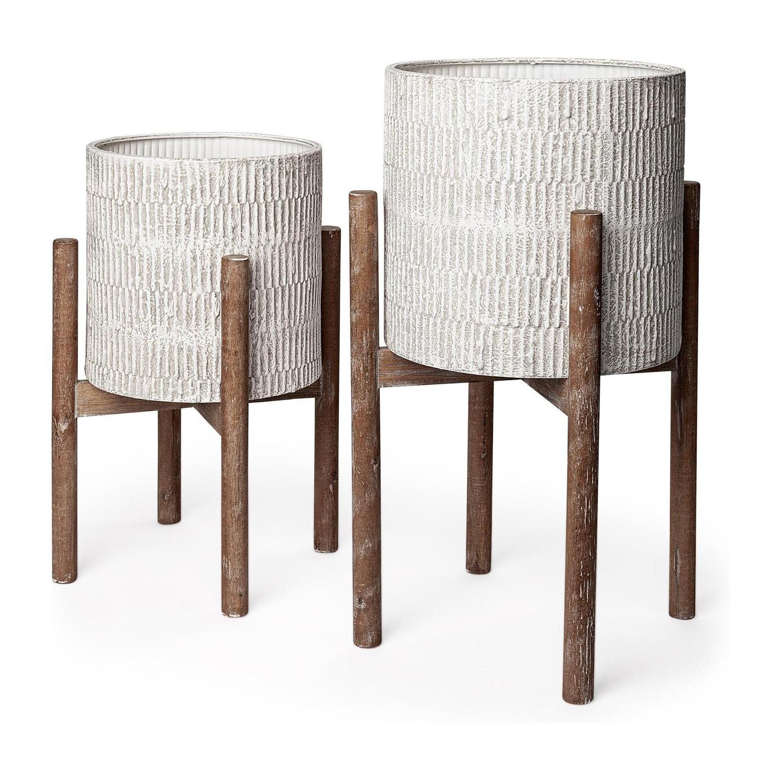 Mercana Groot Eggshell Ceramic Wooden Base Plant Stands - Set of 2
