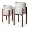 Mercana Groot Eggshell Ceramic Wooden Base Plant Stands - Set of 2