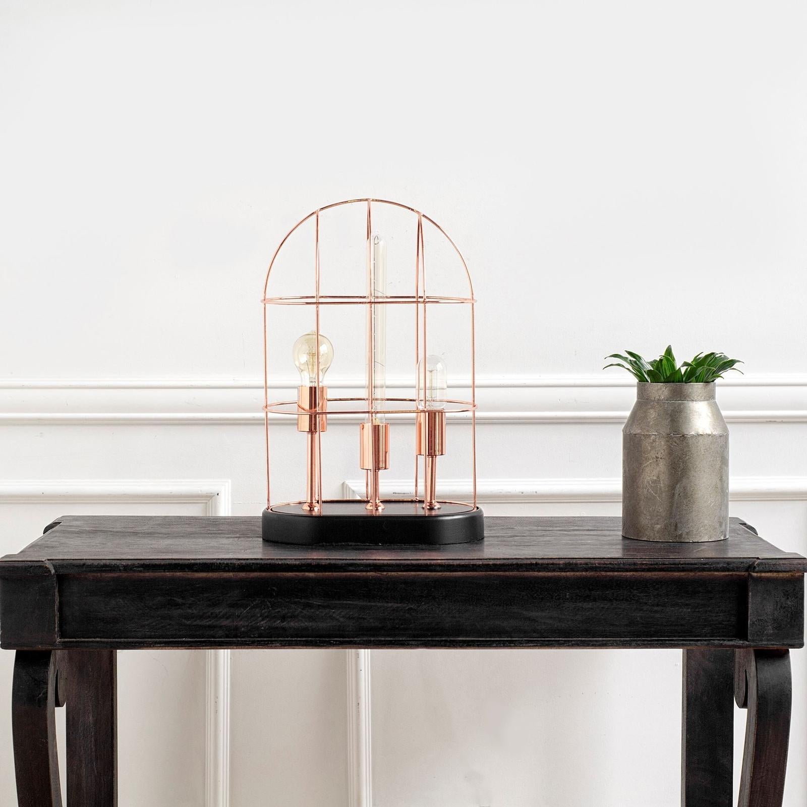 Mercana Sutton Rose-Gold Metal Cylindrical Cage Three Bulb Table Lamp Clearance