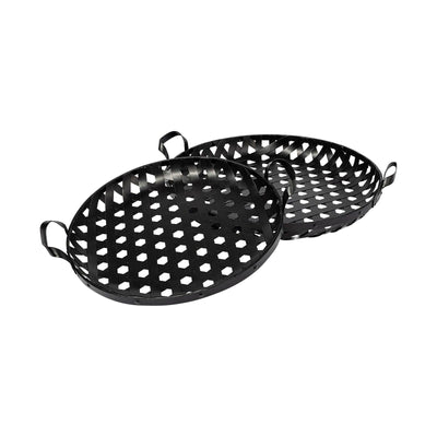 Mercana Lito Black Woven Metal Round Serving Trays- Set of 2