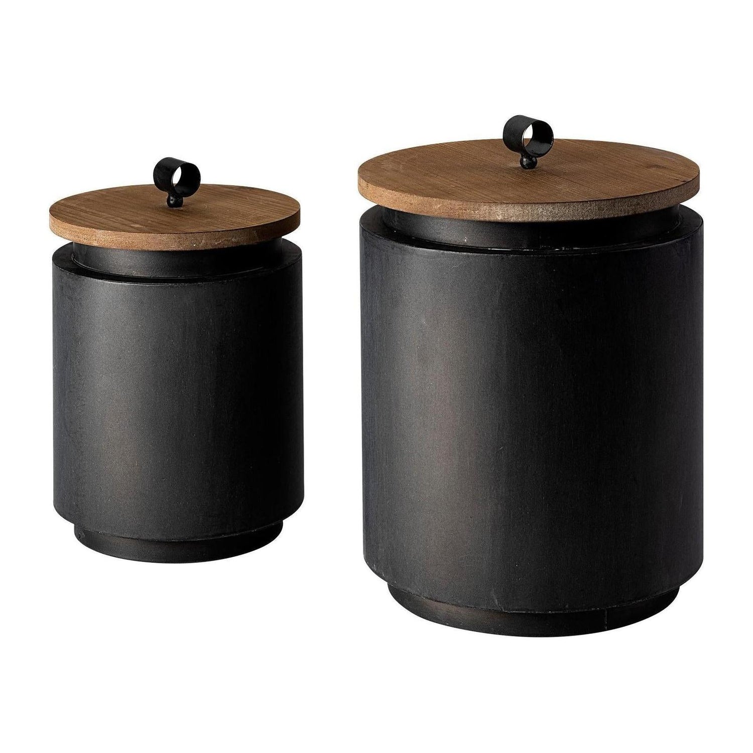 Mercana Cyril Gray Metal W/ Brown Wood Lids Jars- Set of 2