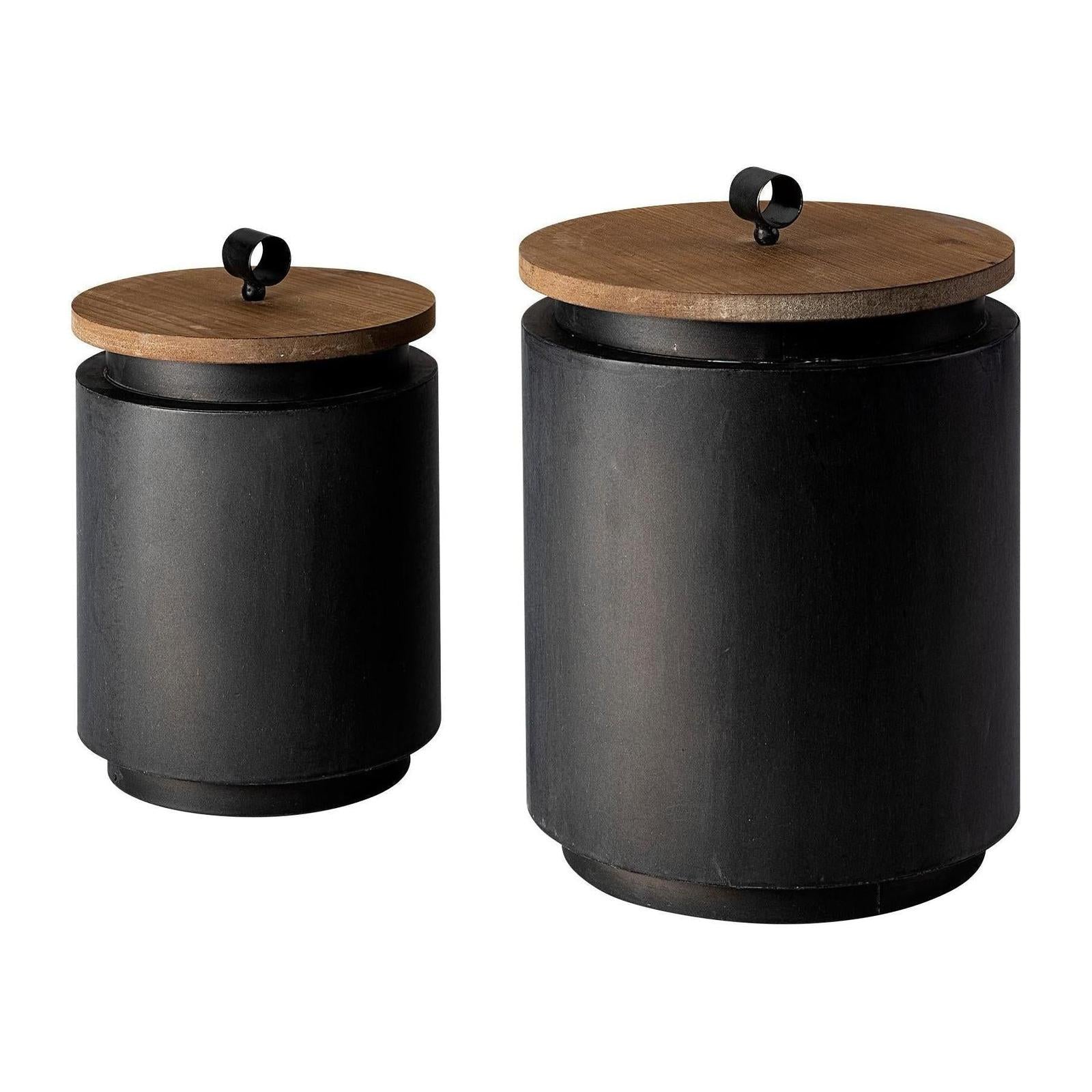 Mercana Cyril Gray Metal W/ Brown Wood Lids Jars- Set of 2