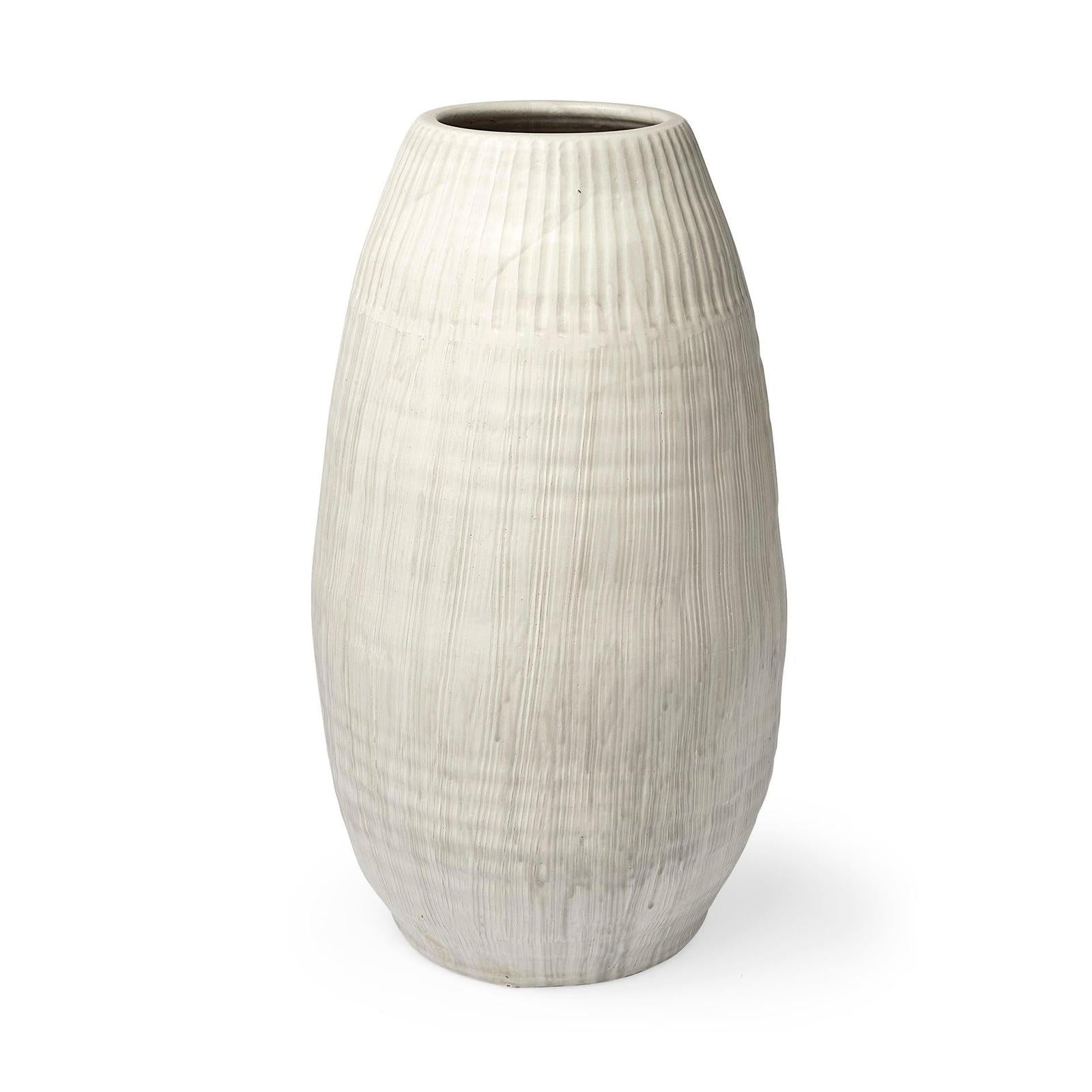 Mercana Reyan Pearl White Ceramic Striped Vase