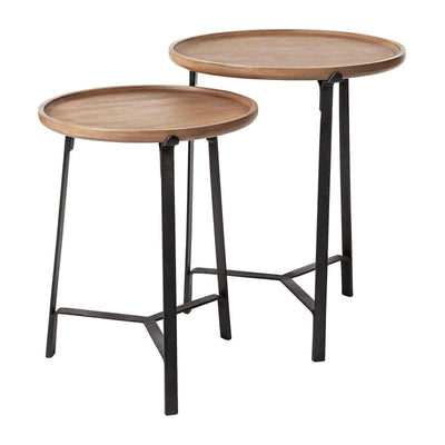 Mercana Helios Round Brown Solid Wood Iron Base Nesting End/Side Tables - Set of 2