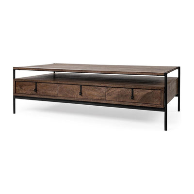 Mercana Glenn Dark Brown Wood w/ Black Iron Frame, Rectangle 3 Drawers Coffee Table