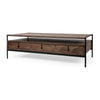 Mercana Glenn Dark Brown Wood w/ Black Iron Frame, Rectangle 3 Drawers Coffee Table