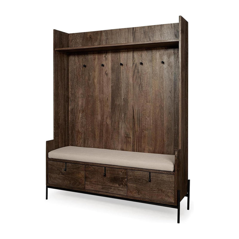 Mercana Glenn Dark Brown Wood w/ Cream Fabric Seat-3 Drawers Hall Tree