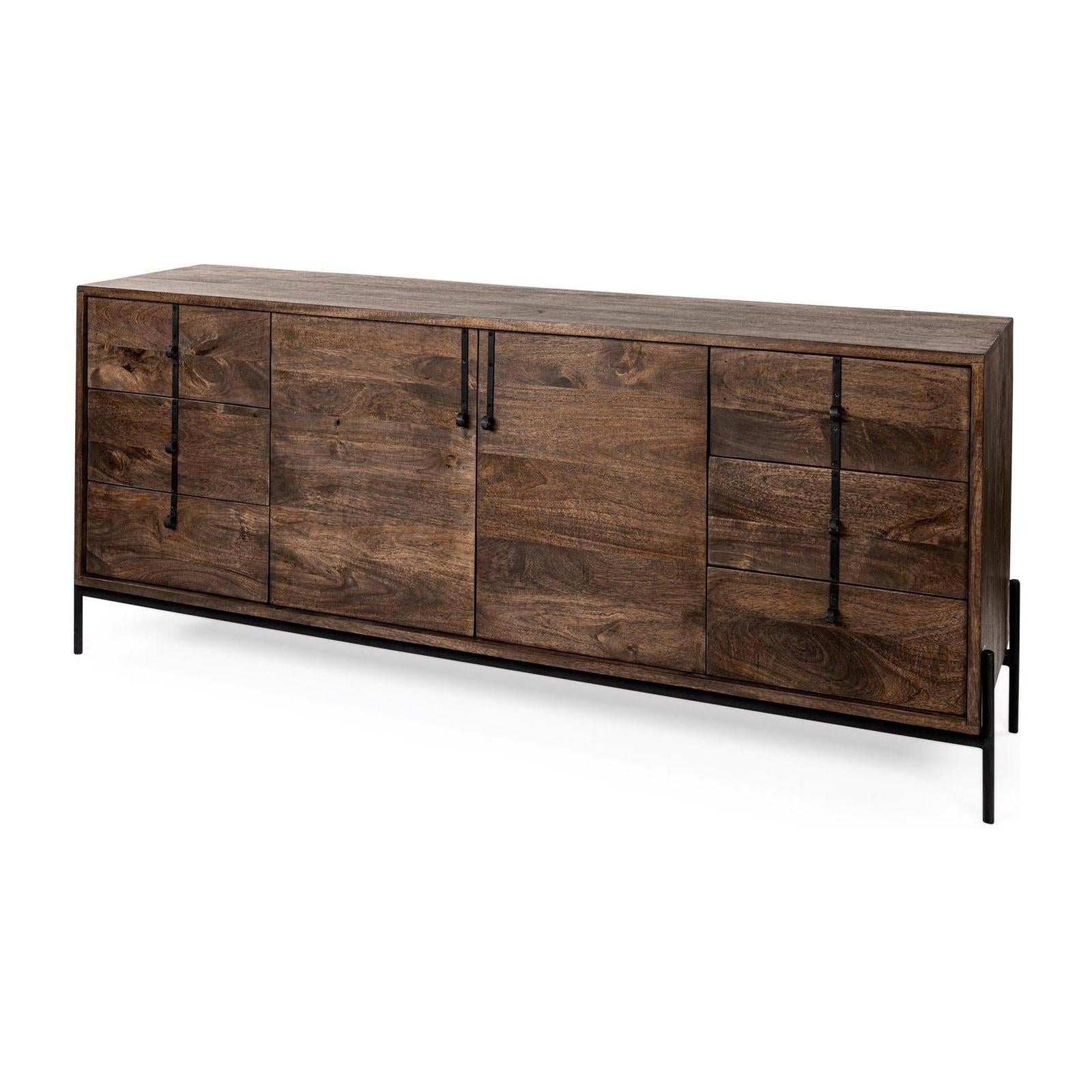 Mercana Glenn Dark Brown Wood Frame w/ Black Iron Accent, 6 Drawer, 2 Door Cabinet Sideboard