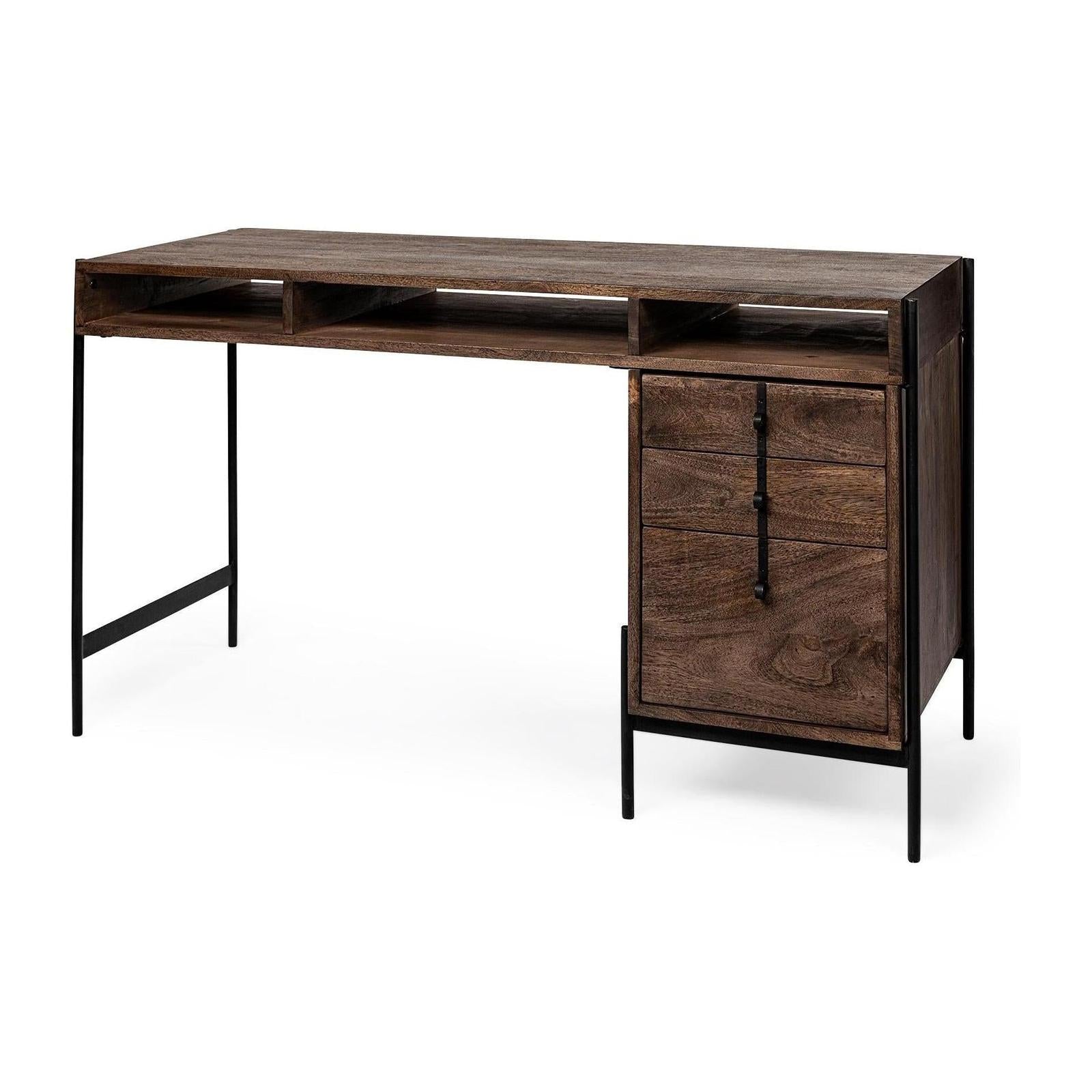 Mercana Glenn Dark Brown Wood w/ Black Iron Frame, 3 Drawer Office Desk