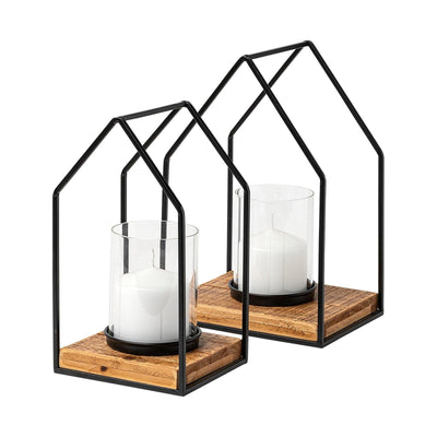 Mercana Leopold Black Metal Wooden Base Table Candle Holders - Set of 2