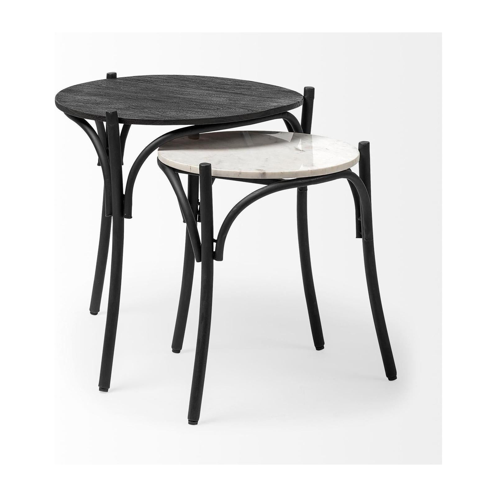 Mercana Etienne Round Top Black Wood and Marble Top Nesting Table - Set of 2 Clearance