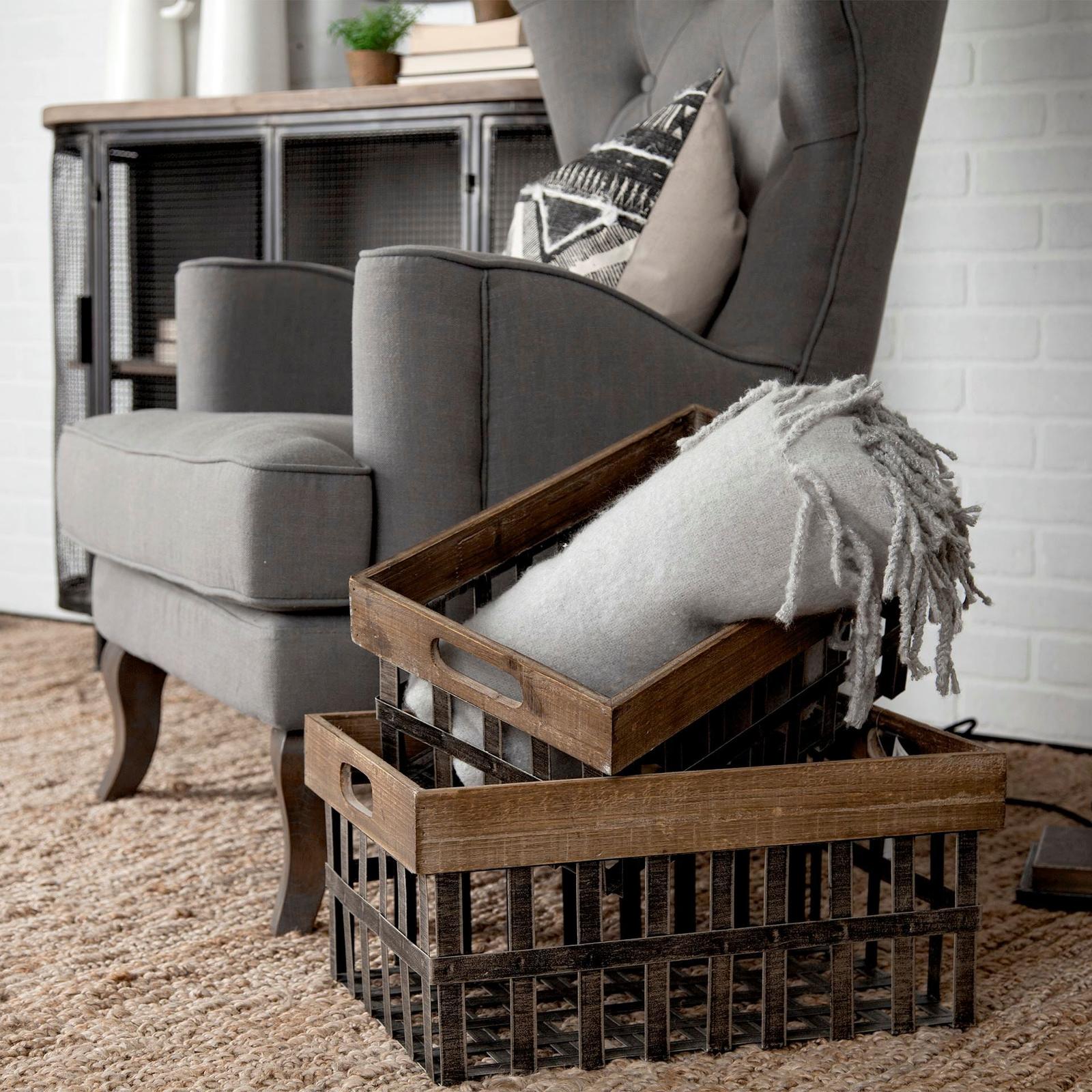 Mercana Chartrand Wood And Metal Open Crate Style Baskets- Set of 2 Clearance
