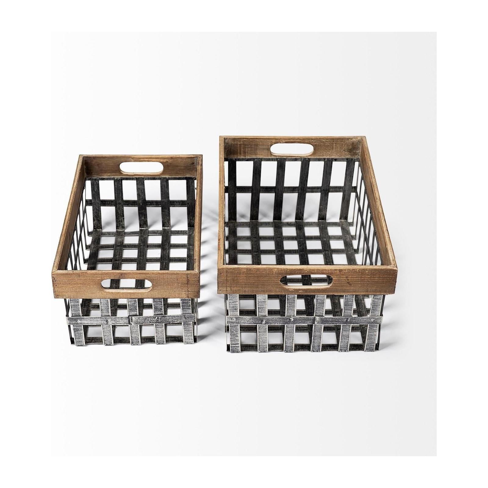Mercana Chartrand Wood And Metal Open Crate Style Baskets- Set of 2 Clearance