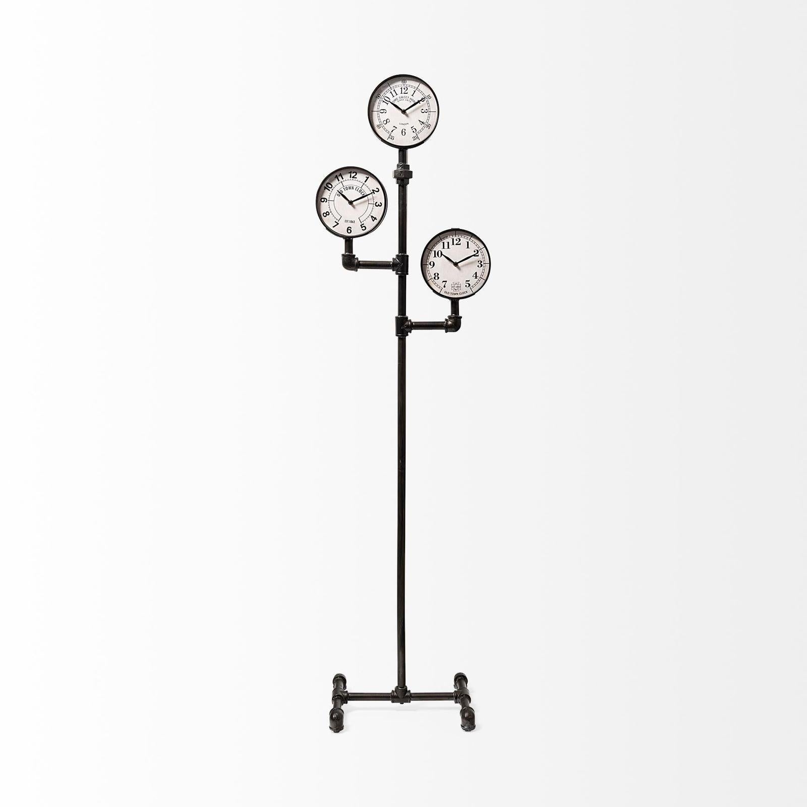 Mercana Trifect Black Iron Pipe Three Face Floor Clock