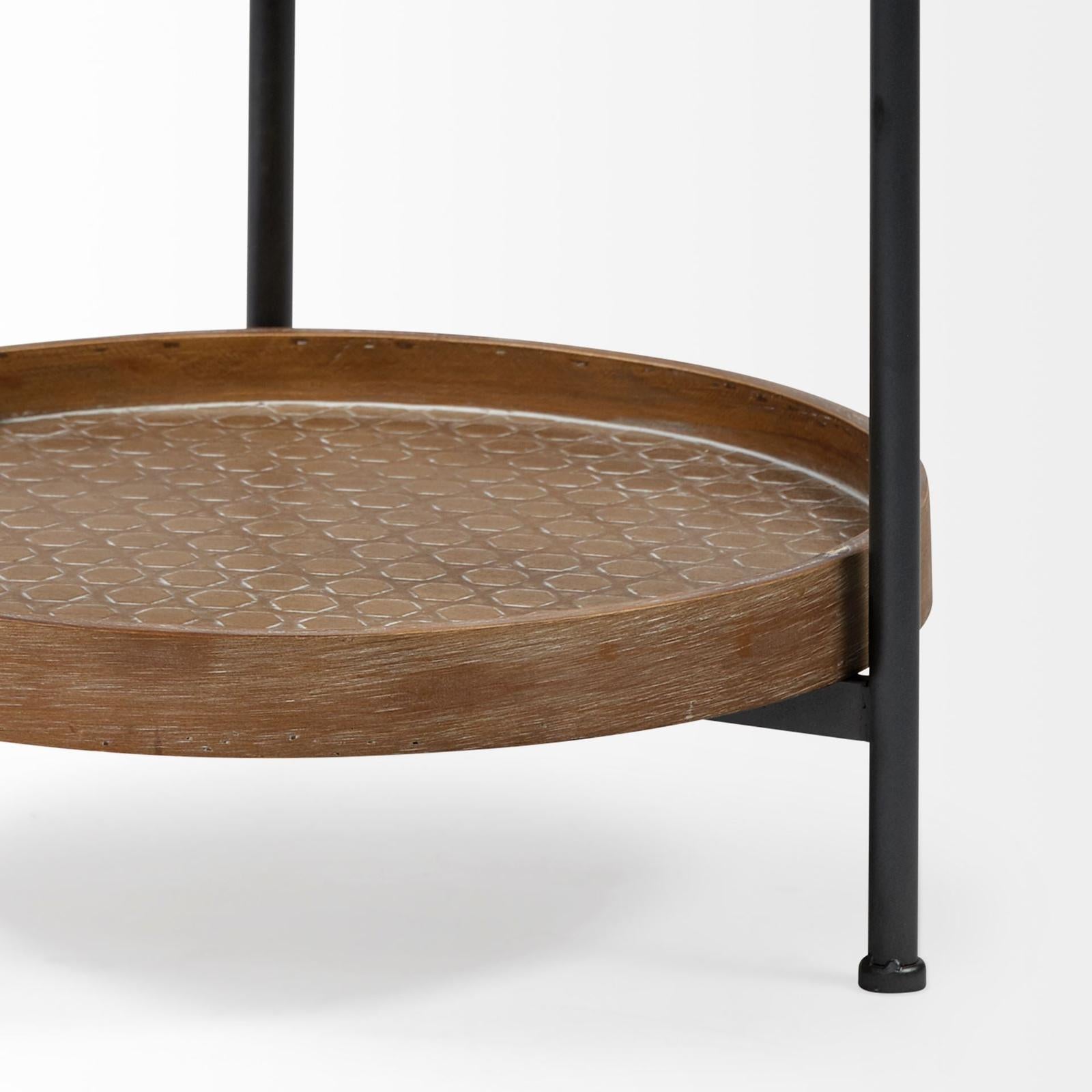 Mercana Kade Round Top Natural Brown Wood and Gray Metal Frame Tray-Style End/Side Table Clearance