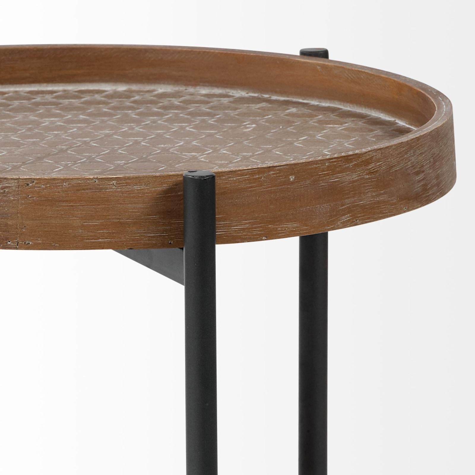 Mercana Kade Round Top Natural Brown Wood and Gray Metal Frame Tray-Style End/Side Table Clearance