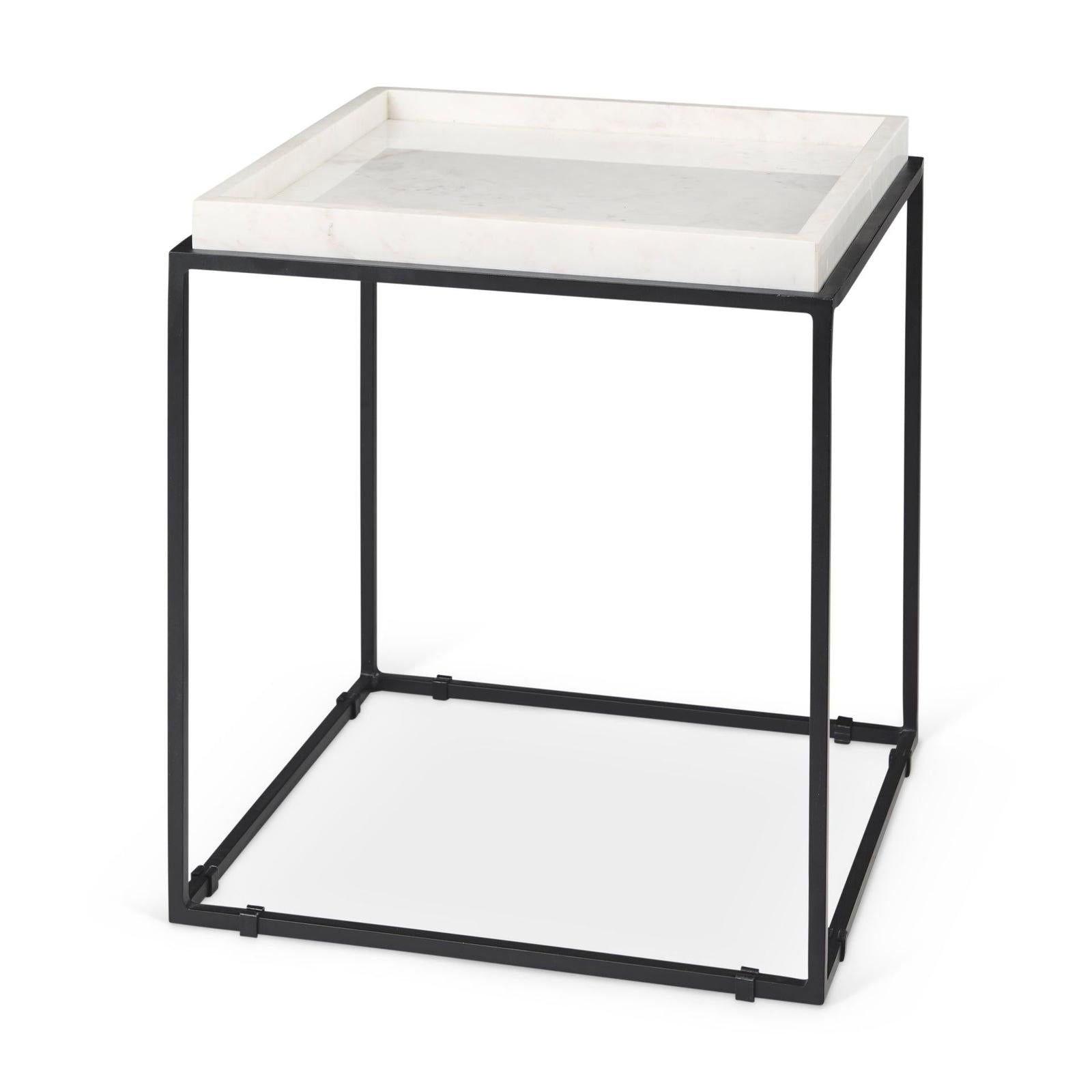 Mercana Nathan Square Top White Marble and Black Metal End/Side Table Clearance