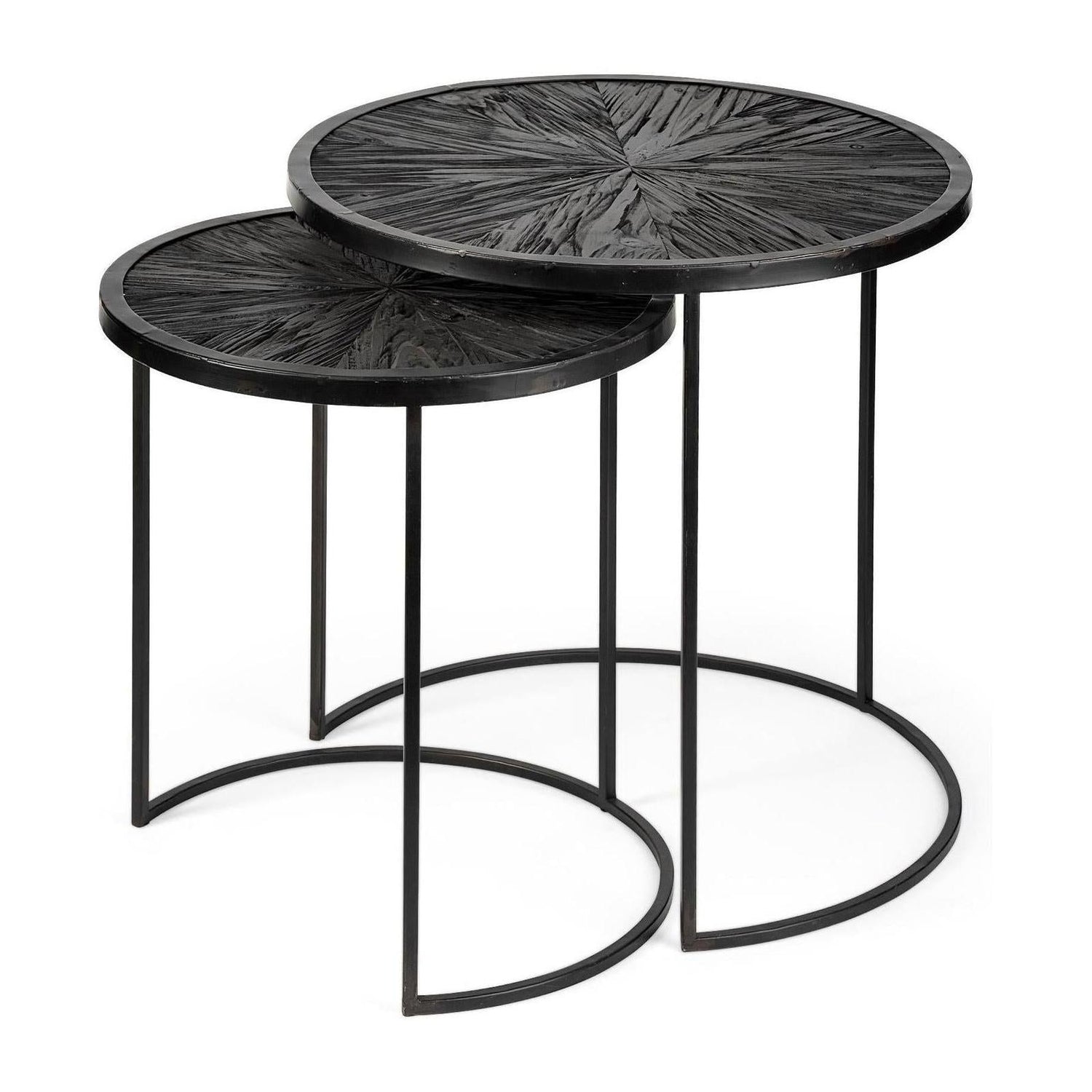 Mercana Chakra 19.7" Set of Two Round Dark Wood Top Black Frame Accent Tables Clearance