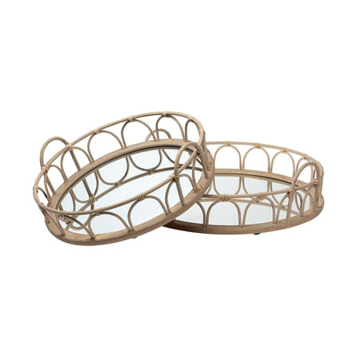 Mercana Leona Natural Wicker Woven Mirrored Base Nesting Trays- Set of 2 Clearance