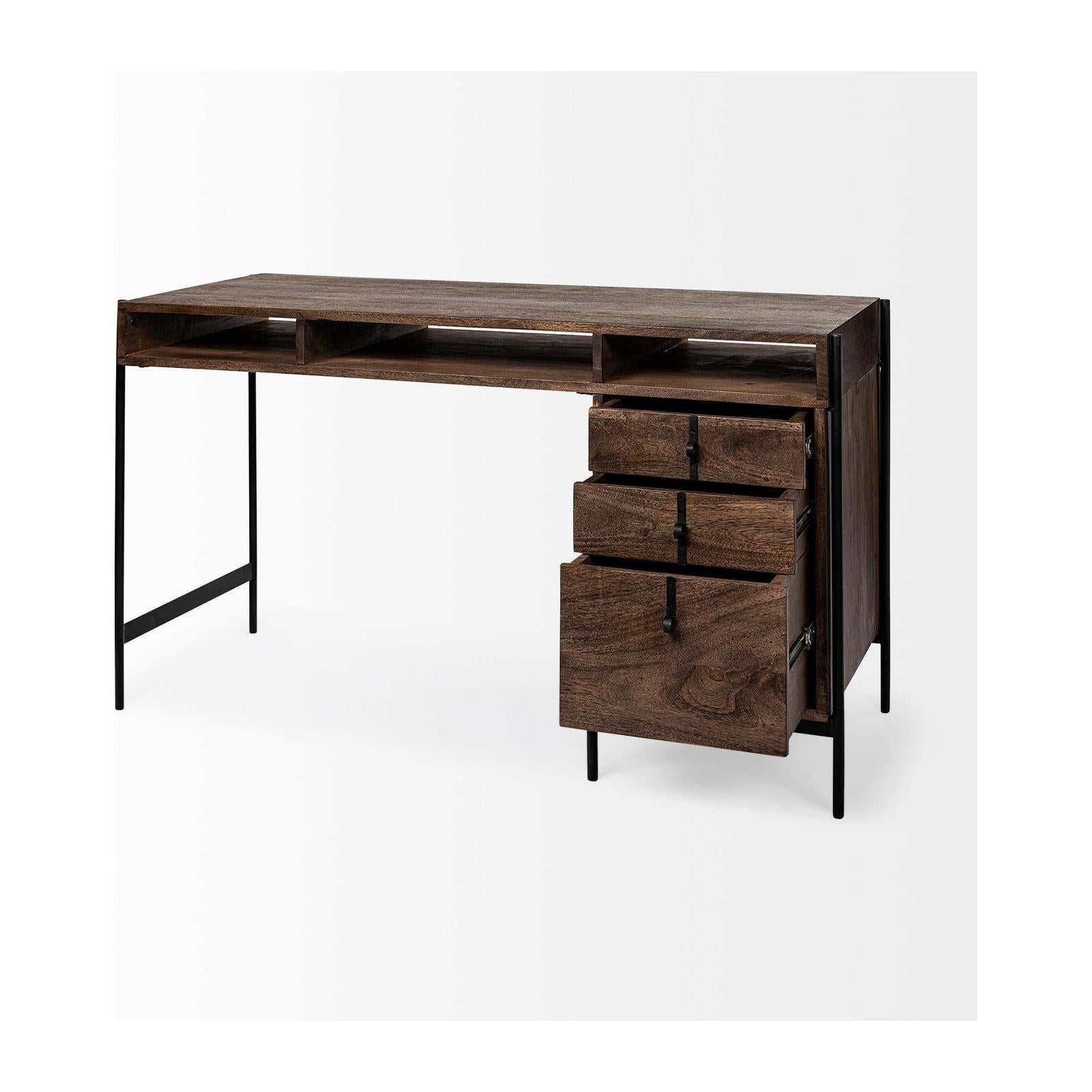 Mercana Glenn Dark Brown Wood w/ Black Iron Frame, 3 Drawer Office Desk