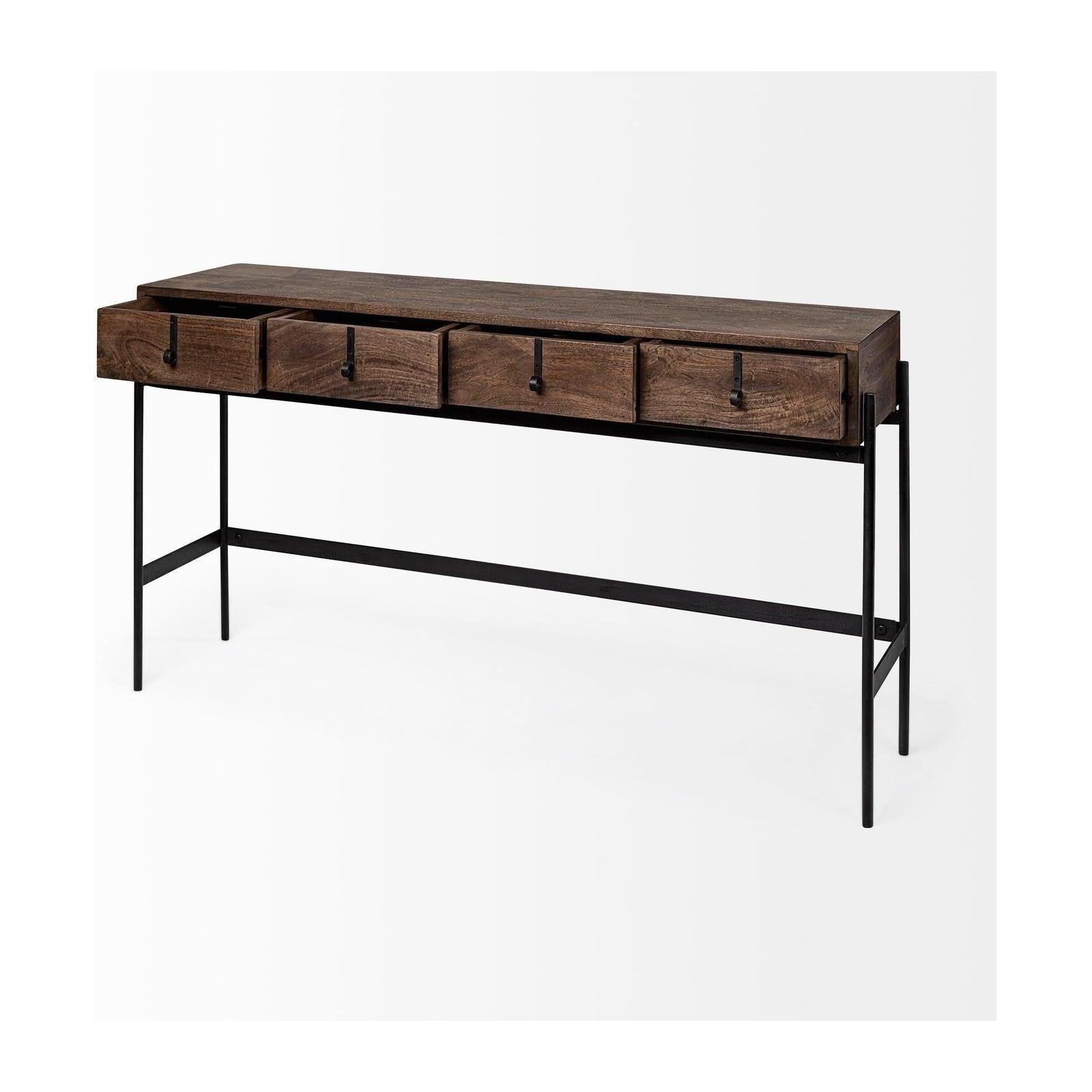 Mercana Glenn Dark Brown Wood w/ Black Iron Frame 4 Drawer Console Table