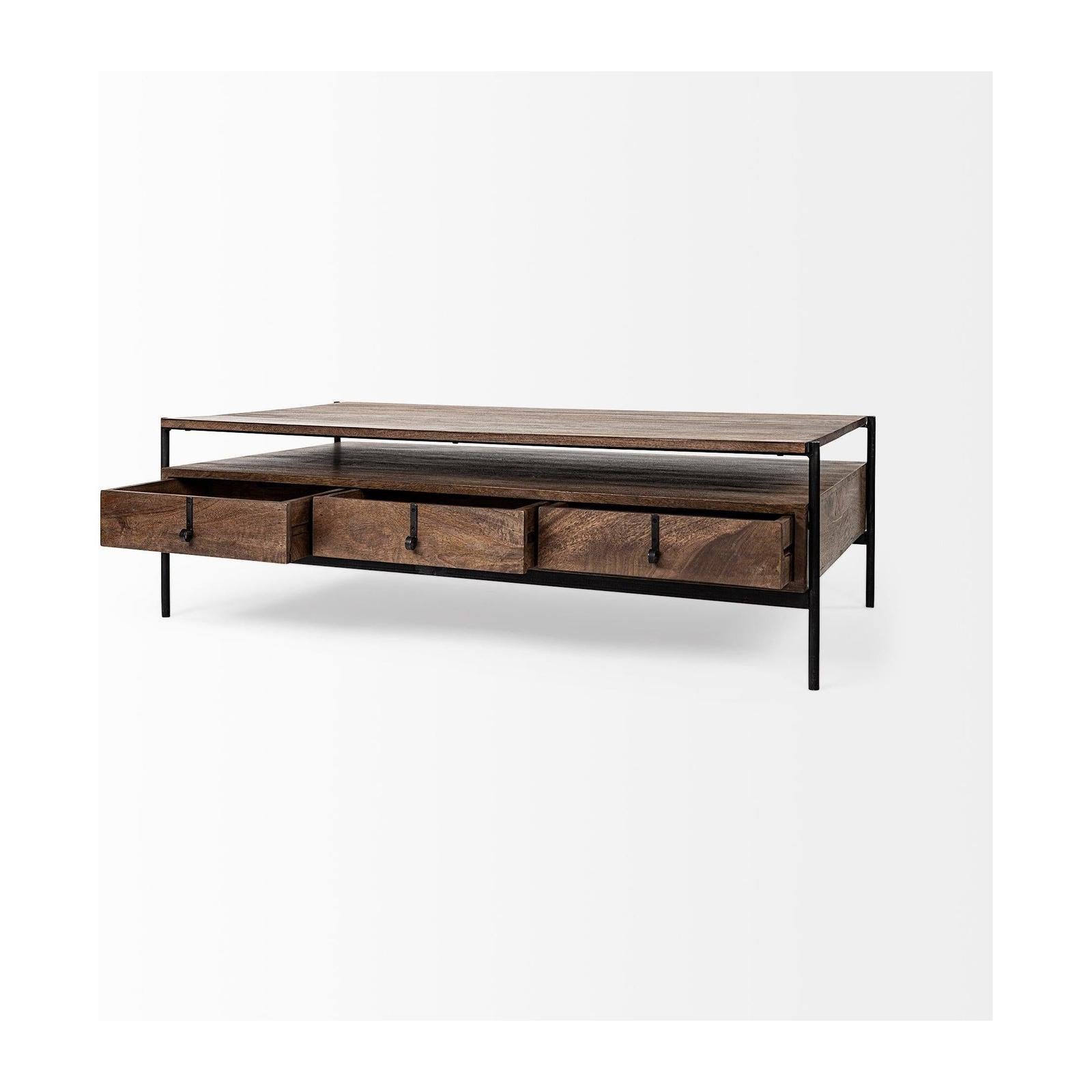 Mercana Glenn Dark Brown Wood w/ Black Iron Frame, Rectangle 3 Drawers Coffee Table